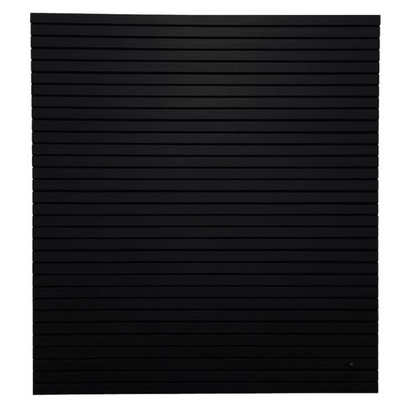 Single-sided black larch slatted fence panel with horizontal slats and visible timber grain